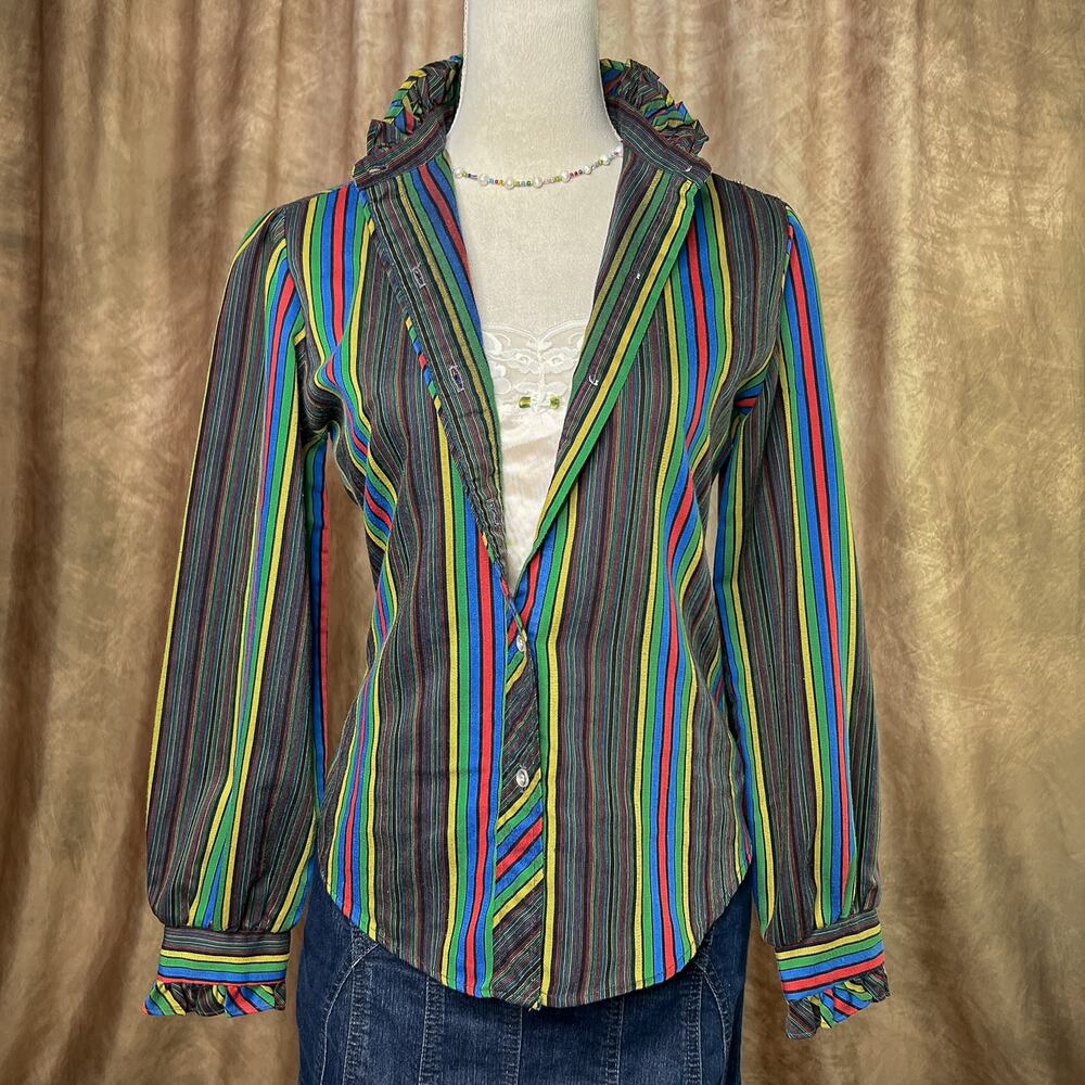 Vintage Striped Shirt 70s Multicolor Ruffled Collar Button Up Retro Disco Mod